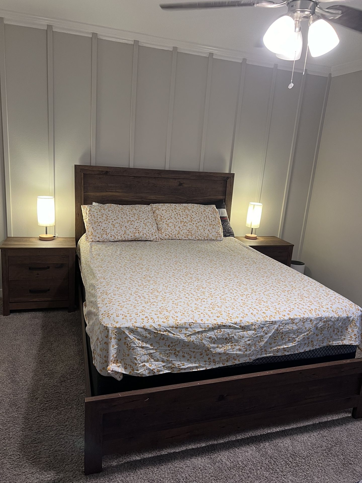Queen Bed + Mattress + Box spring + Dresser + 2 Night Stands