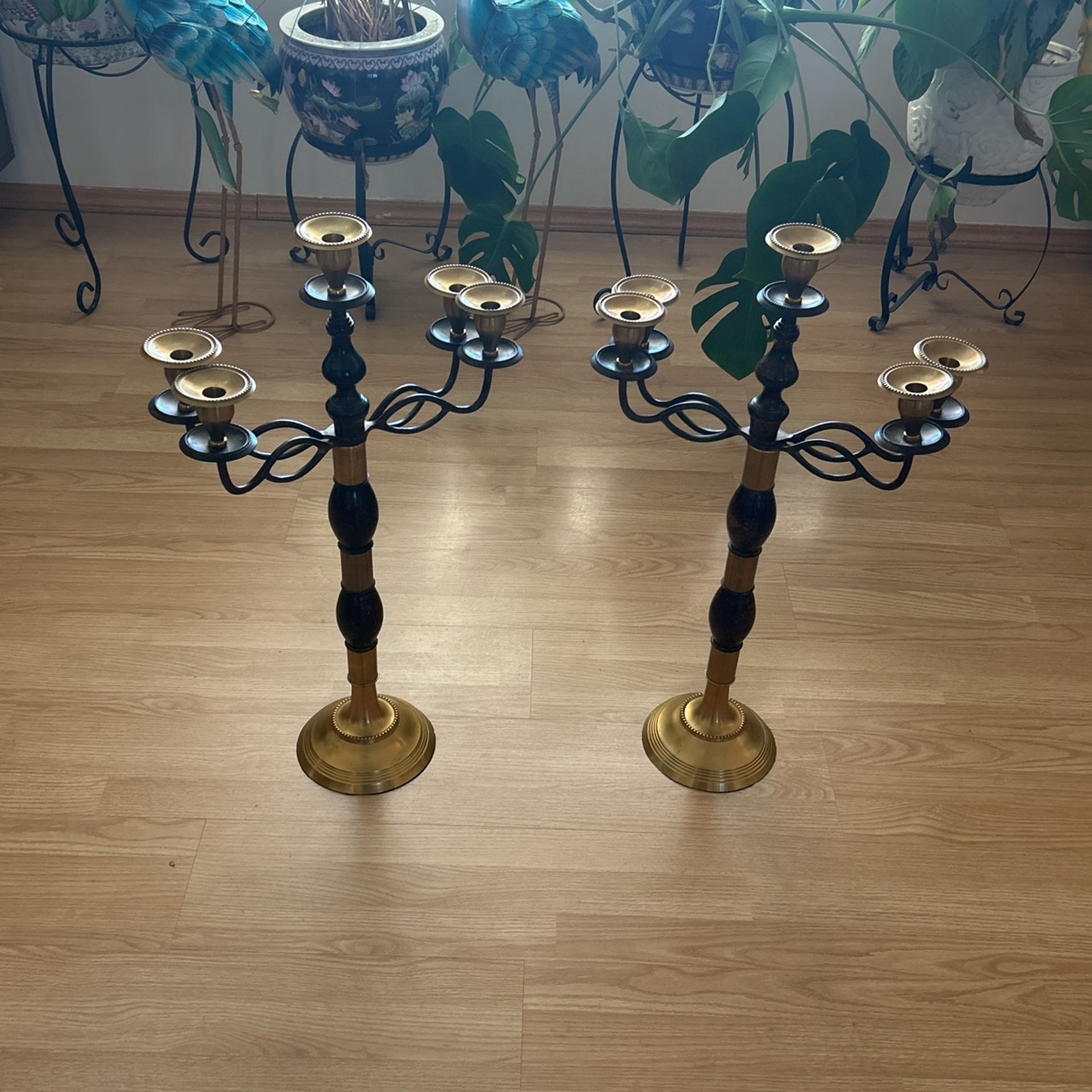 Pair Of Heavy Two Old Antique Cast Brass Metal 4 Arm Candlesticks