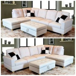Brand New White Leather Sectional With Storage Ottoman & 2 Decorative Pillows