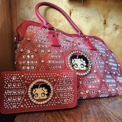 Betty Boop Red Leather Rhinestone Purse And Wallet 