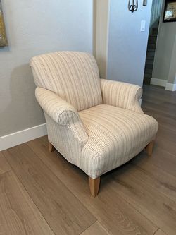 Oversized Cream Striped Upholstered Accent Chair with Wood Legs