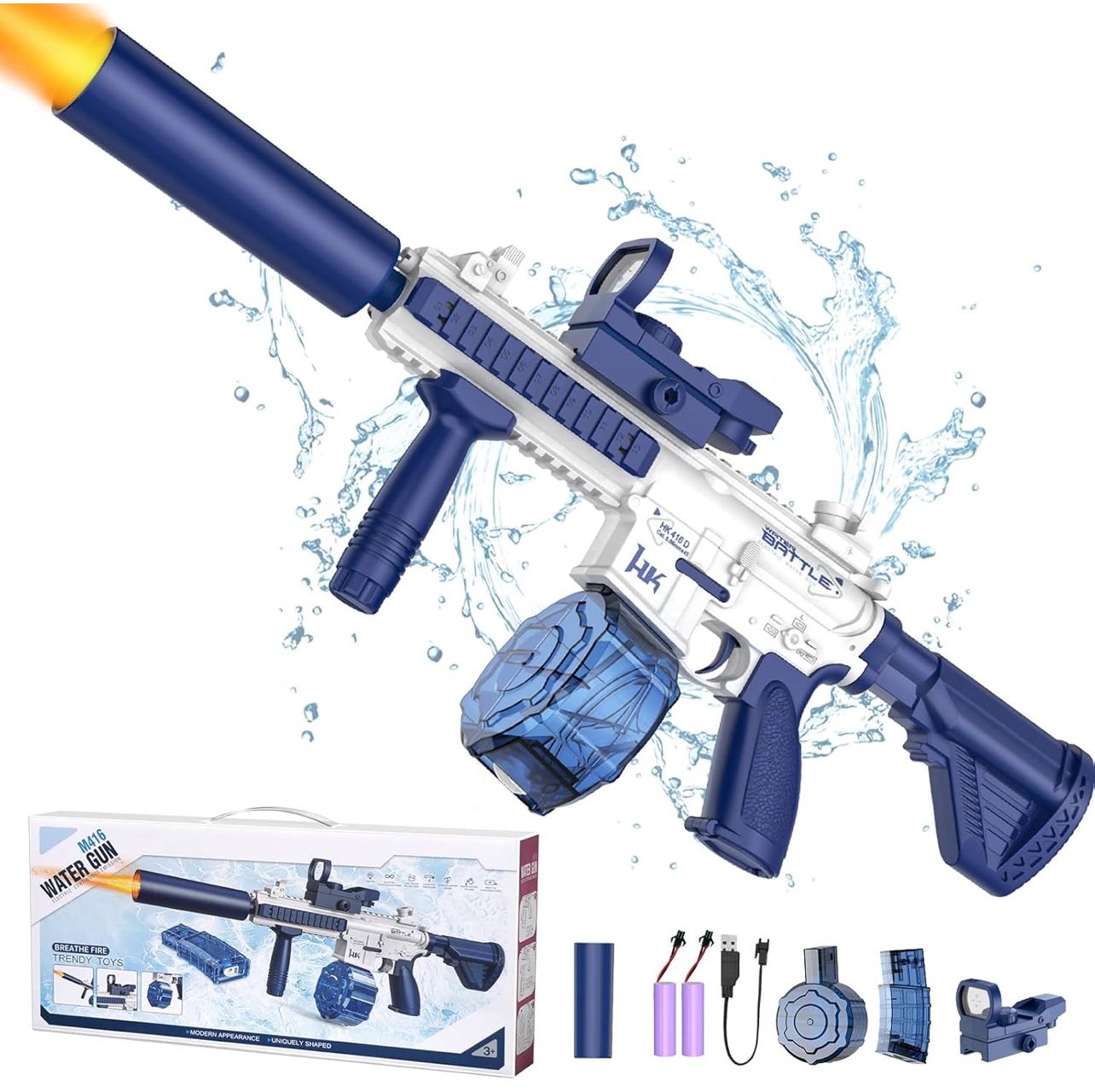 Electric Water Gun,Water Gun With Muzzle Light,Automatic Squirt Gun Long Range Blaster Up To 32 FT,Outdoor Party Shooting Game Toy With 2 Water Tanks