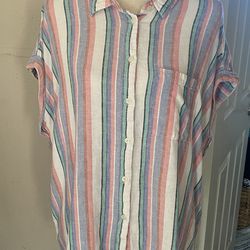 Orvis Women's Short Sleeve Linen Blend Shirt, Multistripe/pink, XL