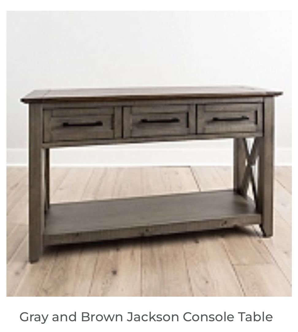 🎯 Gray & Brown Jackson Console Tables – $150 each or $250 for the pair