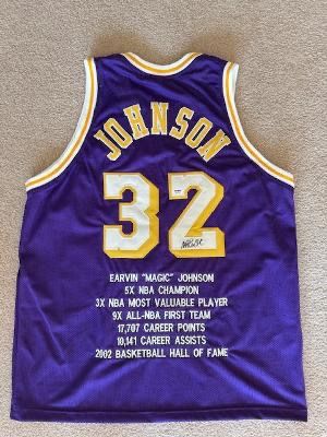 LOS ANGELES LAKERS MAGIC JOHNSON LIMITED EDITION STAT BASKETBALL JERSEY – AUTOGRAPHED – PSA