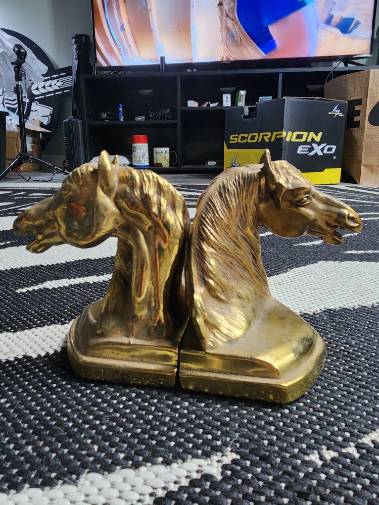 Vintage Brass Horse Head Bookends 
