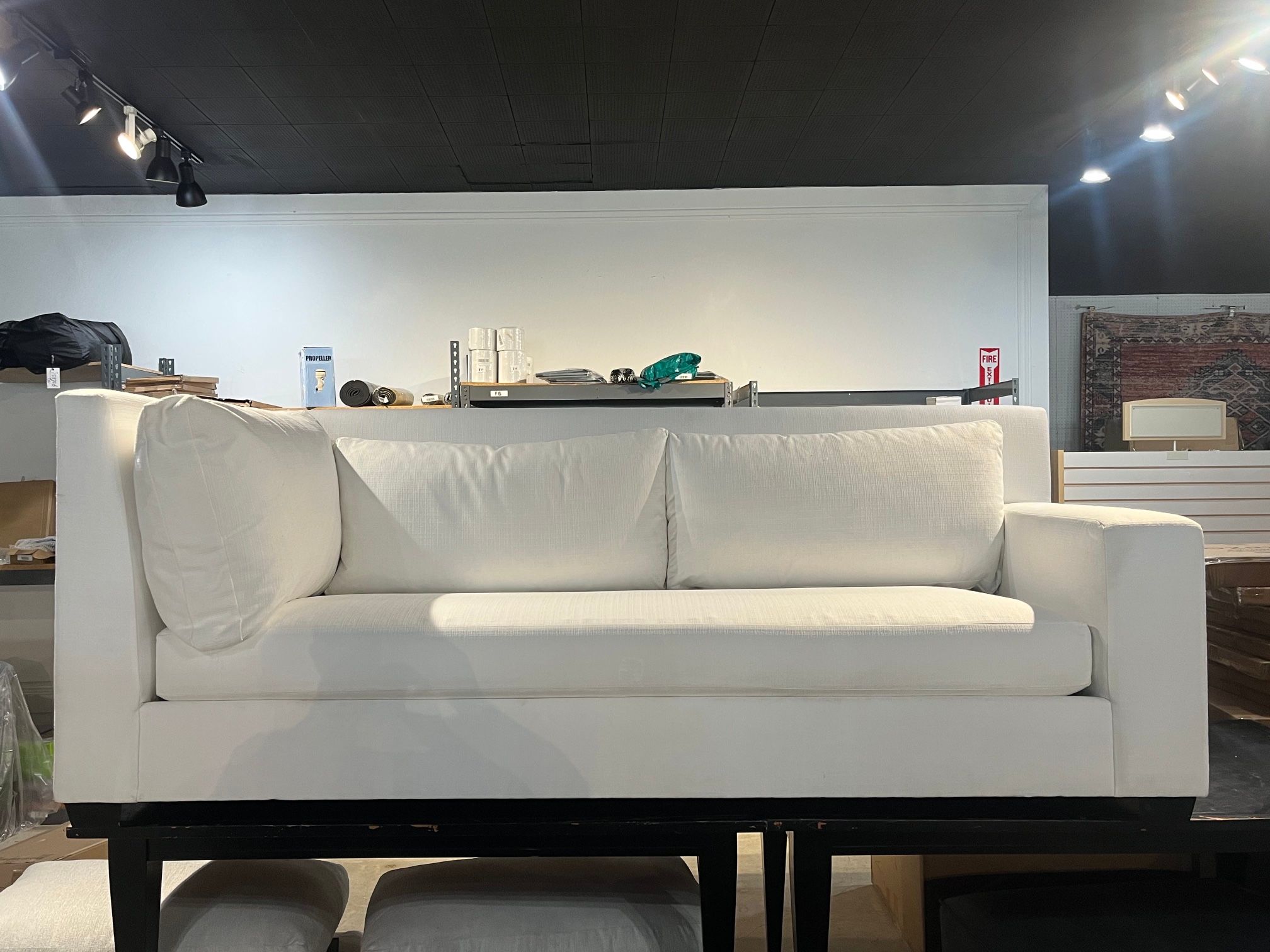White Linen Modena Sofa – Right Arm Bench Seat, Track Arm – Contemporary Sectional Couch Lounger