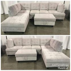 Brand New Grey Chenille Fabric Sectional With Storage Ottoman