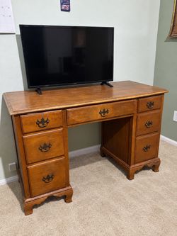 Vintage Wood Pedestal Desk with Drawers