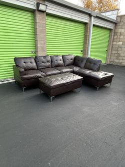 Brown Faux Leather 3-Piece Sectional w/ Ottoman (Delivery Available)