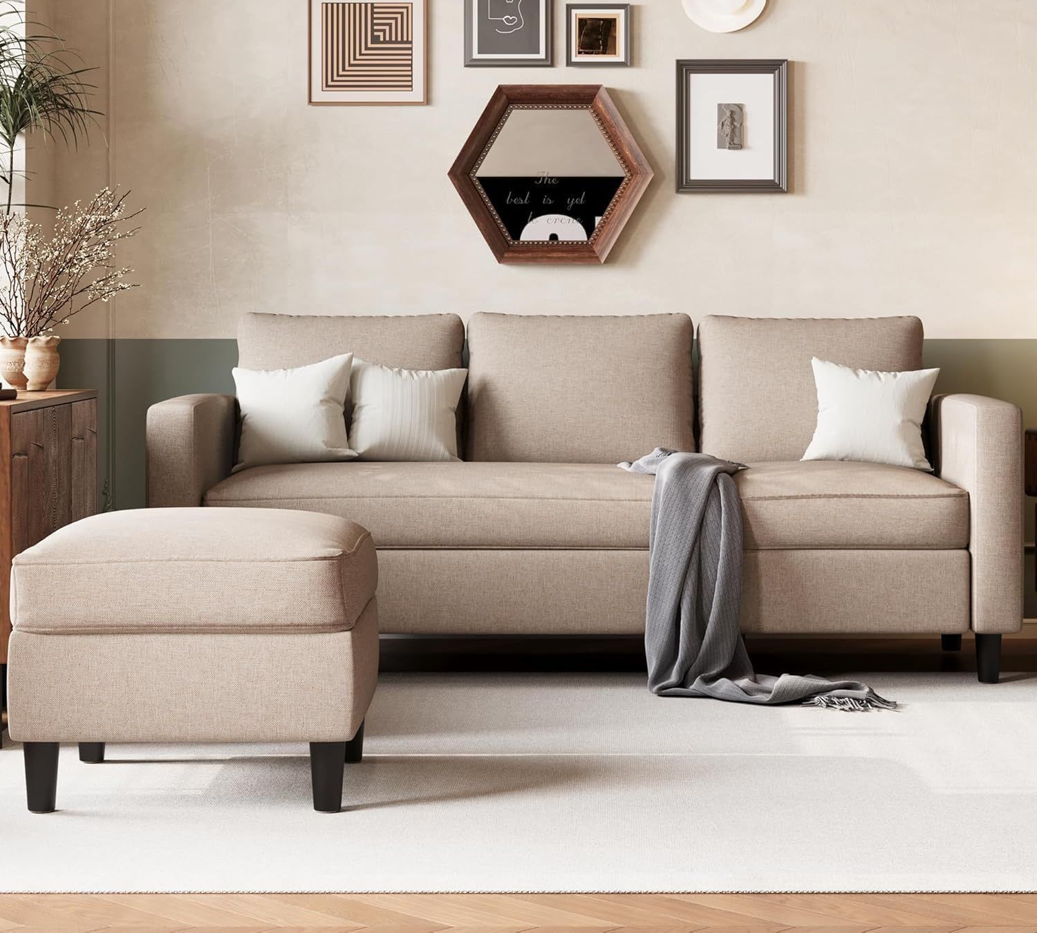 New Mid Century Convertible Sectional Sofa with Reversible Armchair, L-Shaped Couch with Modern Linen Fabric for Small Space Beige New in box US85-NK