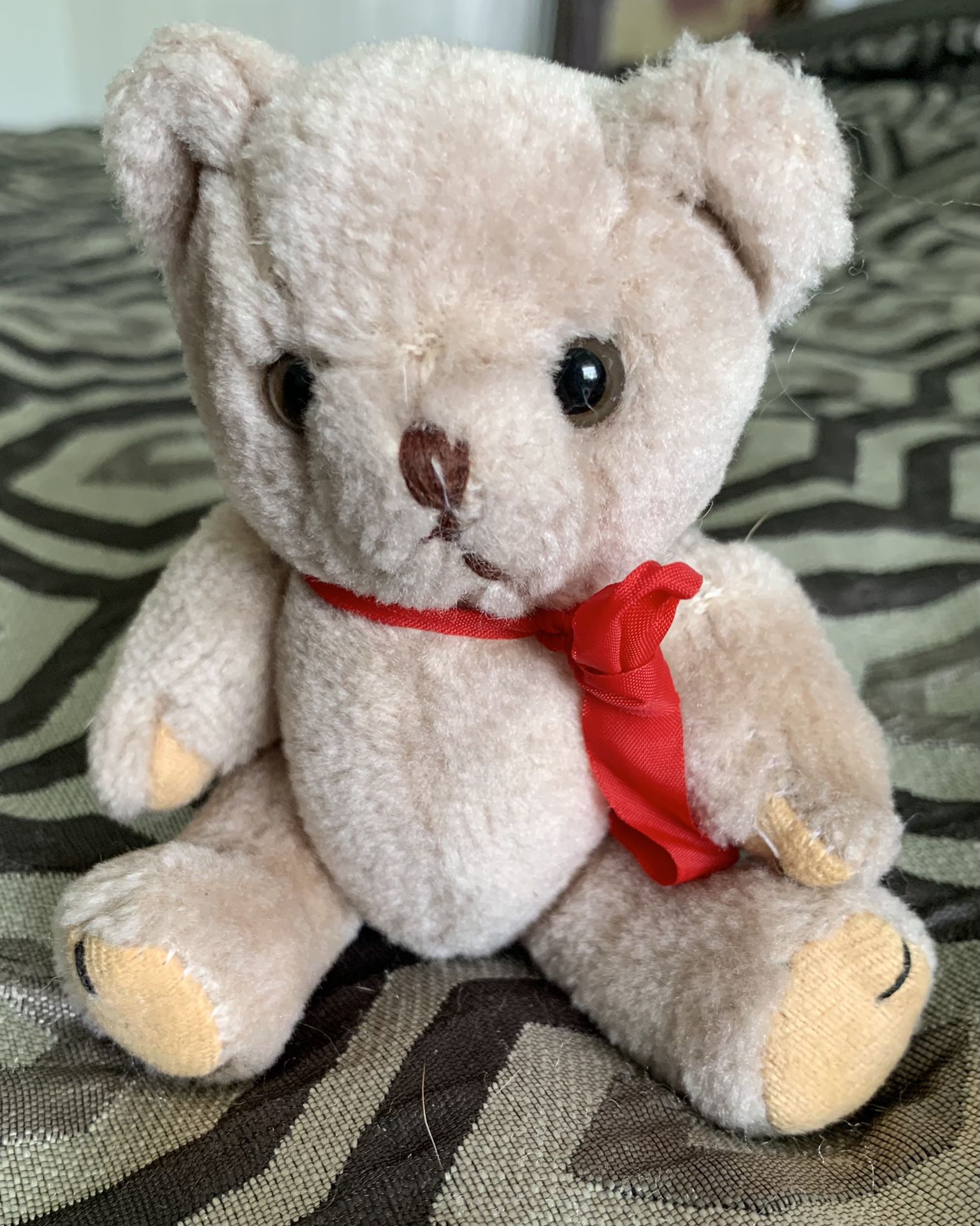 Vintage 1990's Light Brown Jointed 5" Mini Plush Bear With Red Ribbon Lixin Co