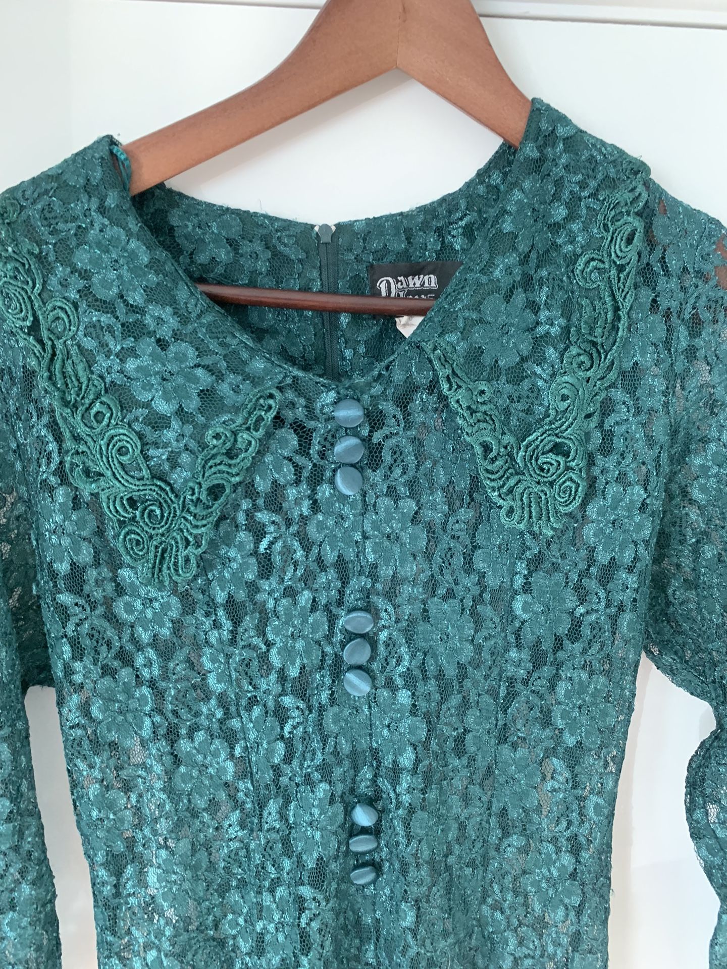 Vintage 70s Corset See Through Lace Dress With Collared Top In Forest Green- By Dawn Joy Fashion