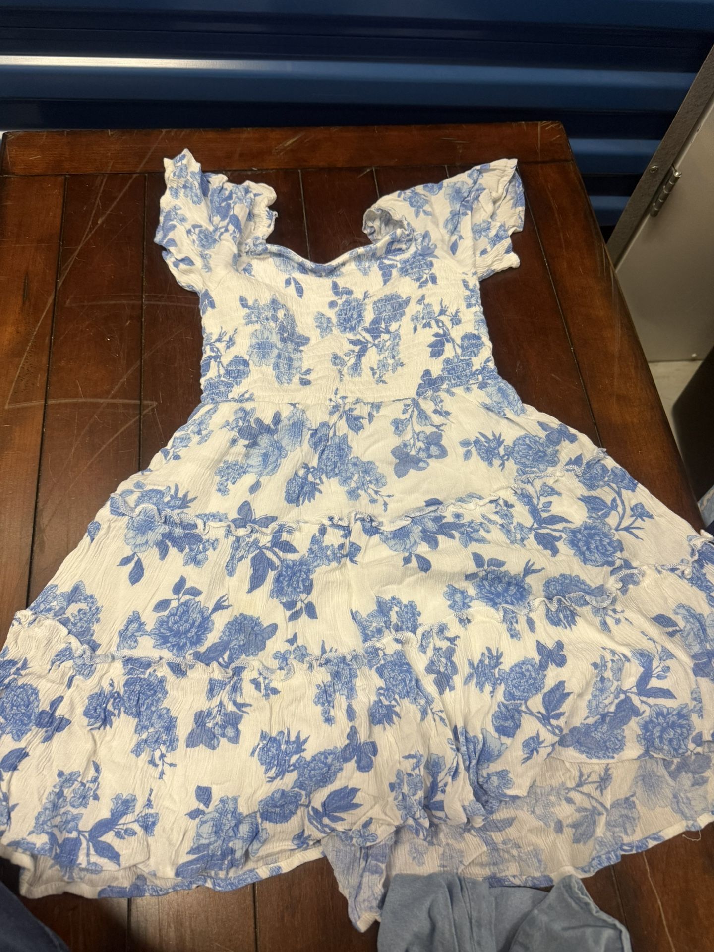 Girl’s Art Class Size Small 6/7 Dress White Blue Flowers Short Sleeves