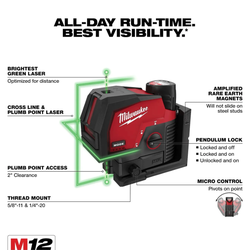 Milwaukee M12 Green Cross Line and Plumb Points Laser