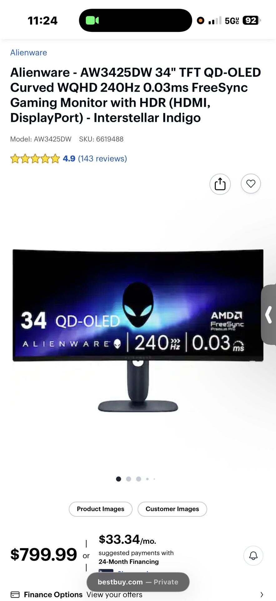 34 Inch Alienware Gaming Monitor