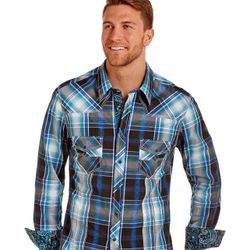 Rock & Roll Cowboy Men's and Turquoise Plaid Long Sleeve Shirt Size: XXL