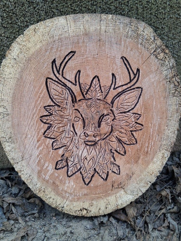 Mystical Wood Carved Deer On Oak Round 