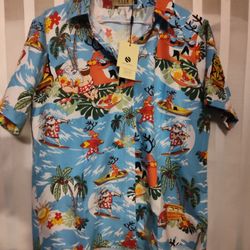 Men's Size medium Large Extra Large Santa Claus Reindeer Surfing Hawaiian Christmas Shirt 