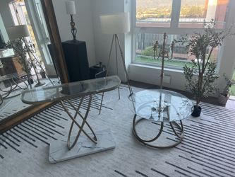 $70 Modern Gold Metal Glass Bar Table (42” L x 32”H) , $60 Coffee Table (32” Diameter), $50 Candelabra, $40 Modern Floor Lamp