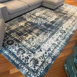 Large 10x13 Vintage Style Area Rug – Blue / Cream Pattern – Rug Pad Included