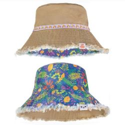 Nwt Little Brownie Cotton Bucket Hat Tropical Pattern Sun Hat Reversible Khaki Adult O/S One Size