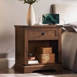New Single DARK Brown Farmhouse Style Nightstand with Charging Station