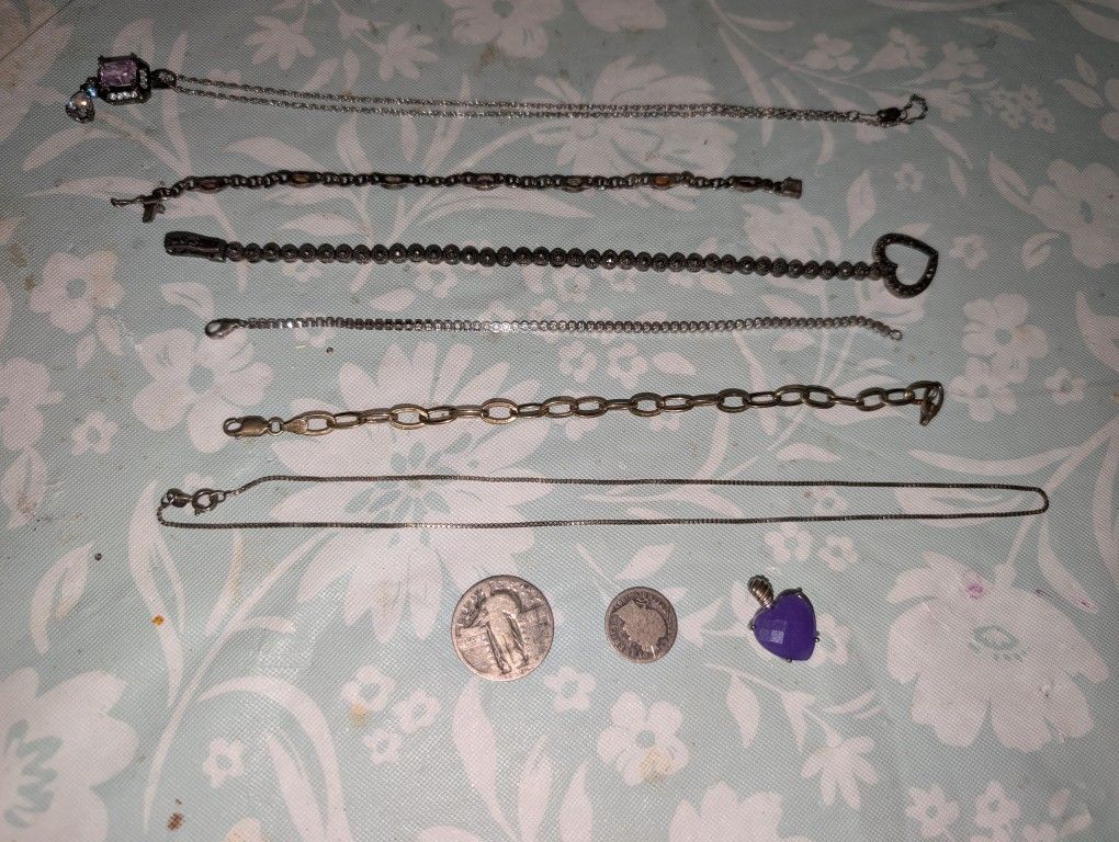 Sterling .925 Silver Chain, Pendant, Bracelet & Coins ((Sold As A BUNDLE))