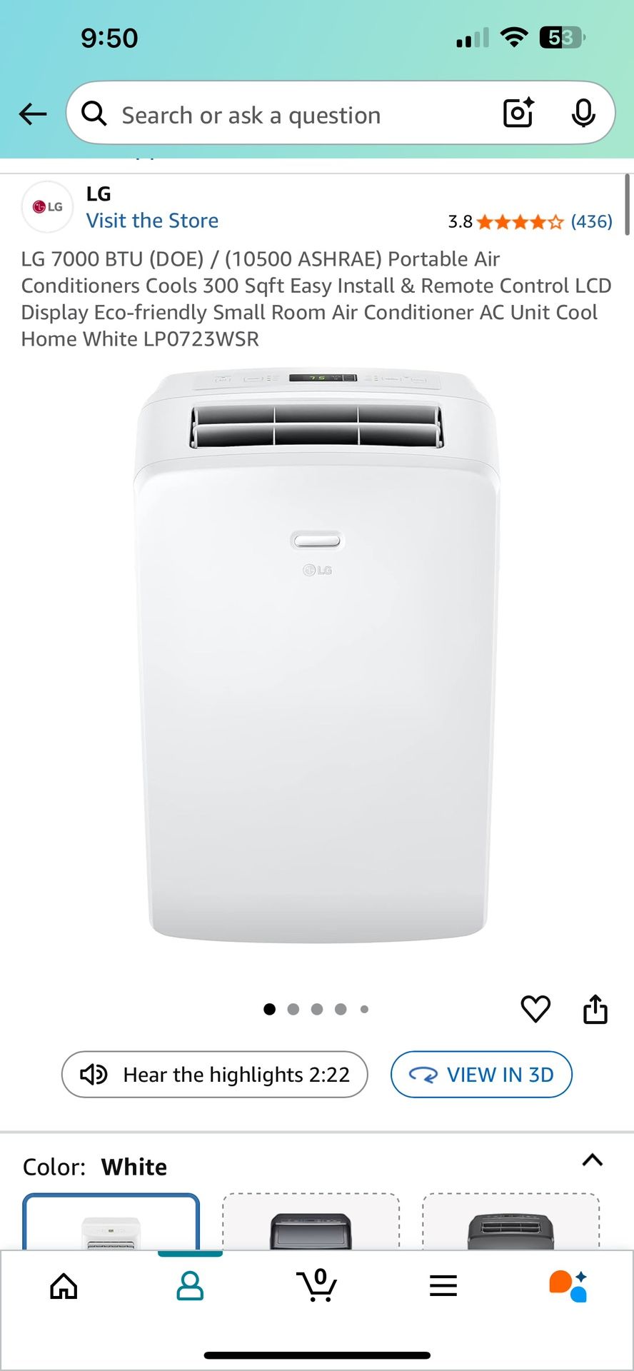 LG Portable Air Conditioning Unit - 7000 BTU