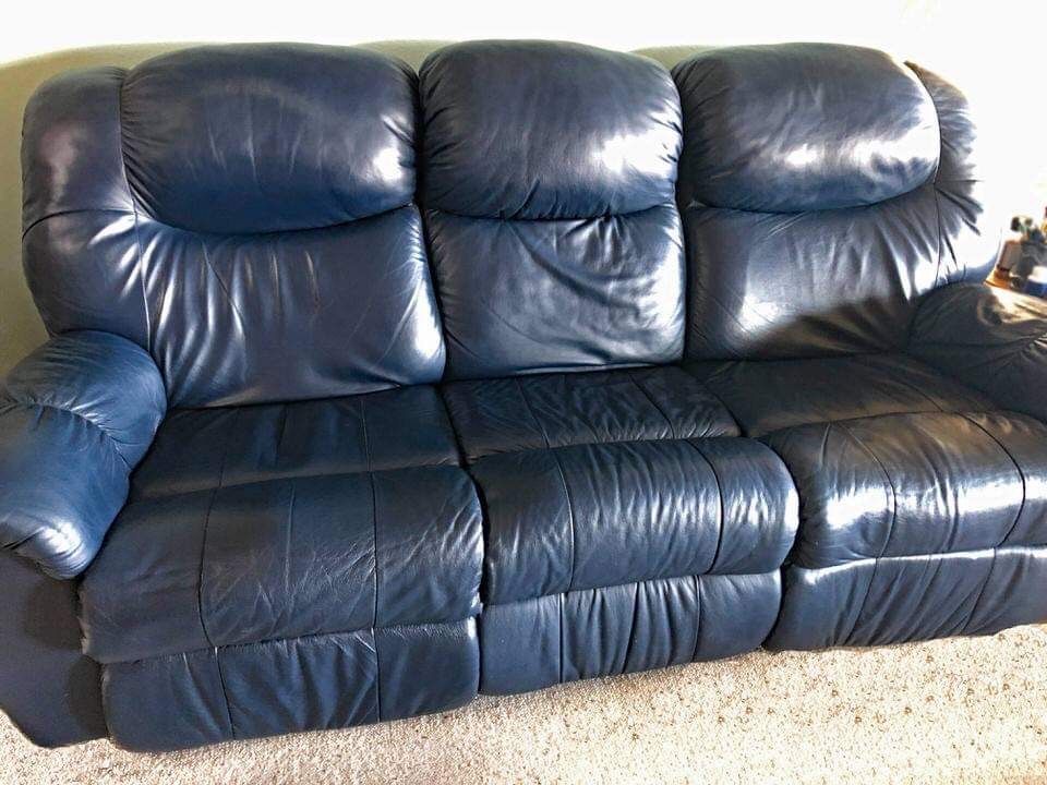 Navy blue sofa with two recliners, excellent condition!