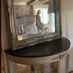 Marble And Wood Mirrored Console End Table Half Moon Antique Table With Mirror 