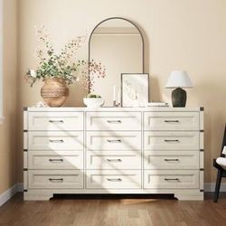 Beige Wooden Grain 12 Drawers 69.1 in. Width x 15.9 in. Depth Chest of Drawers, Dresser, Sideboard, Storage Cabinet
