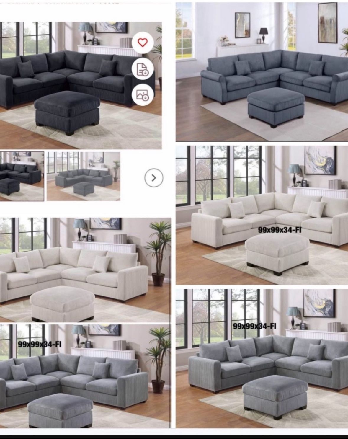 3PC Sectional With Ottoman Set 99”x99”