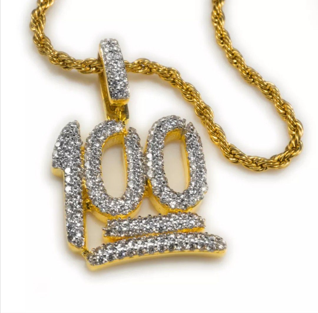 18K Gold Plated Out Iced 100 Emoji Pendant One Hundred Simulated CZ Rope Chain