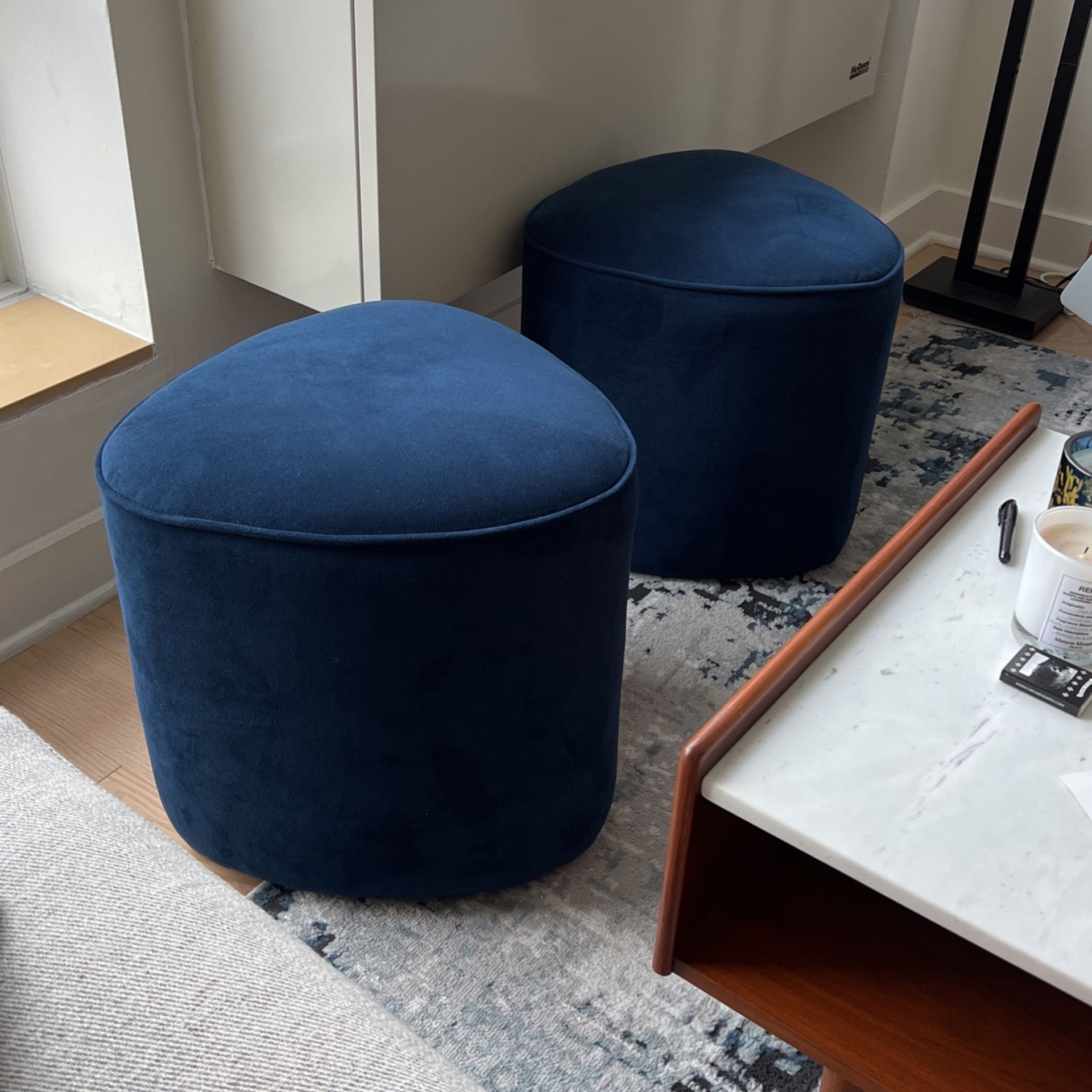 West Elm Pebble Ottoman Blue Velvet