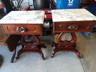 Pair of vintage 19th century Victorian lyre harp base, marble top end tables