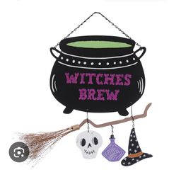 Witches Brew Halloween Hanging Decor Cauldron Broomstick Skull Witch Hat Sign