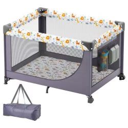 276}Baby Playpen Travel Crib, Quick-Folding Playpen for Baby & Toddler, Portable Baby Fence Play Yard with Wheels, Breathable Mesh & Travel Bag, Indoo