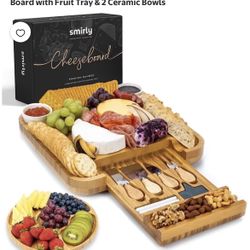 SMIRLY Charcuterie Board Set Large Bamboo Cheese Board with Fruit Tray & 2 Ceramic Bowls