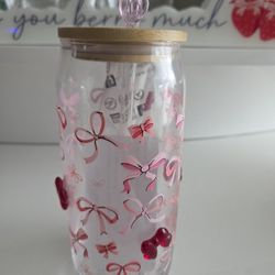 Pink Bow Flower and Heart Glass Tumbler 16 oz with Lid and Straw