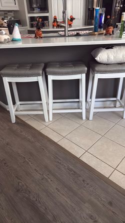 Set of  6 White Counter Stools with Gray Cushions