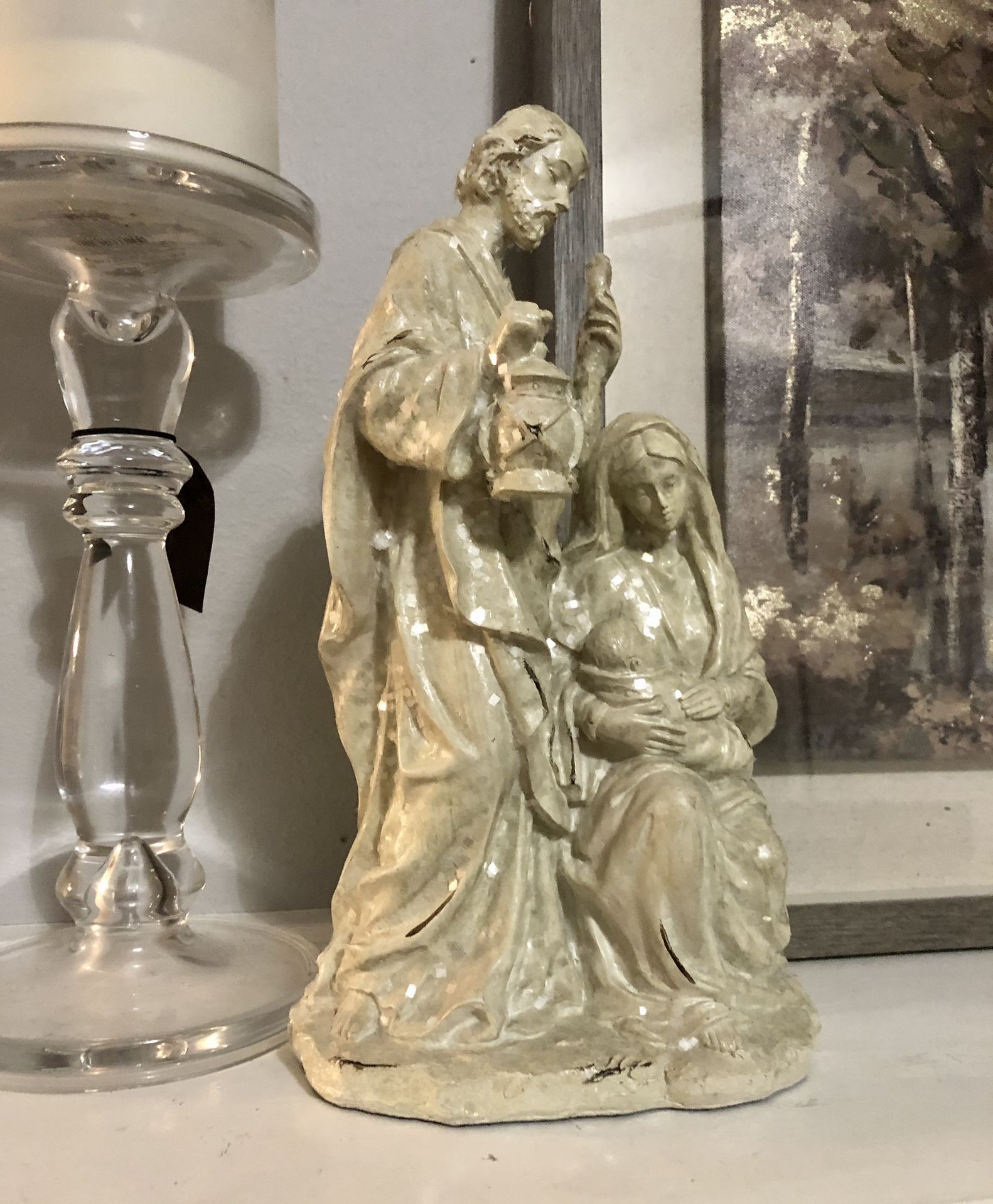Vtg Nativity Holy Family Mary Joseph Baby Jesus Resin Cream Shimmery Flakes 12”