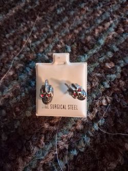 New Gothic Skull Stud Earrings - 316L Surgical Steel Red Crystal Eyes Punk Biker