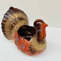 Vintage 70s Ceramic Pottery Multicolor Turkey Planter Thanksgiving Centerpiece
