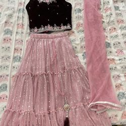 Kids Traditional Wear For Sale - Pink Shimmer Ghagra/ Lancha; Velvet Top