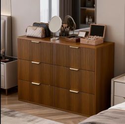 Wood Brown Dresser for Bedroom, Fluted Brown 6 Dresser, Mid Century Modern Dresser, Vintage Brown Wood Dresser with Deep Drawers for Bedroom, Living R