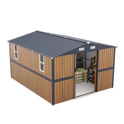 10X12 FT Outdoor Steel Storage Shed with Lockable Doors, 2 Windows, Garden Shed Ideal for Backyard, Patio Storage,Chicken Coop(Wood Panels & Frame Flo