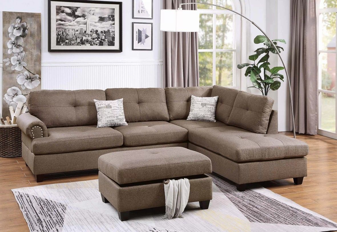 Brand New Mocha Sectional Sofa w Storage Ottoman 