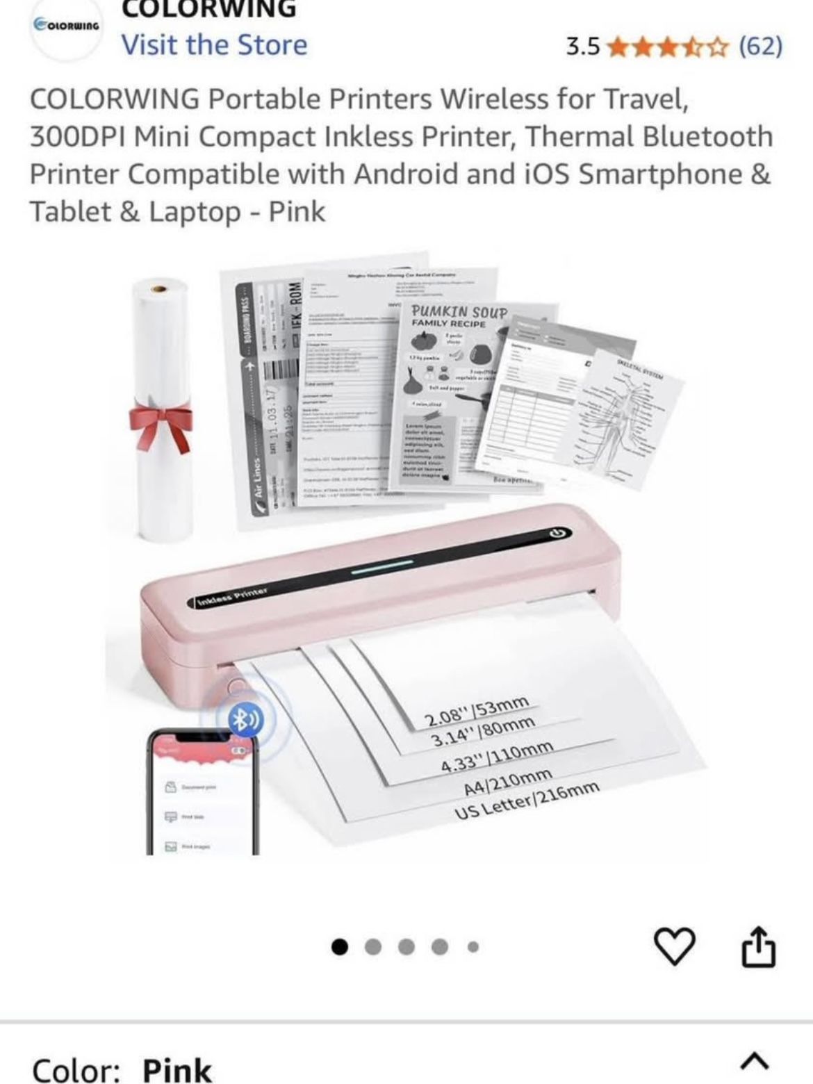 COLORWING Portable Printers Wireless for Travel, 300DPI Mini Compact Inkless Printer, Thermal Blueto