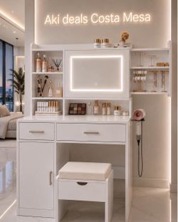 Vanity Desk with Mirror and Lights, Makeup Vanity Table with Stool, Hidden Shelves J-30